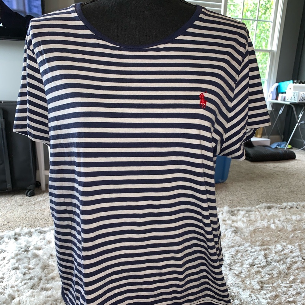 navy blue n white striped polo